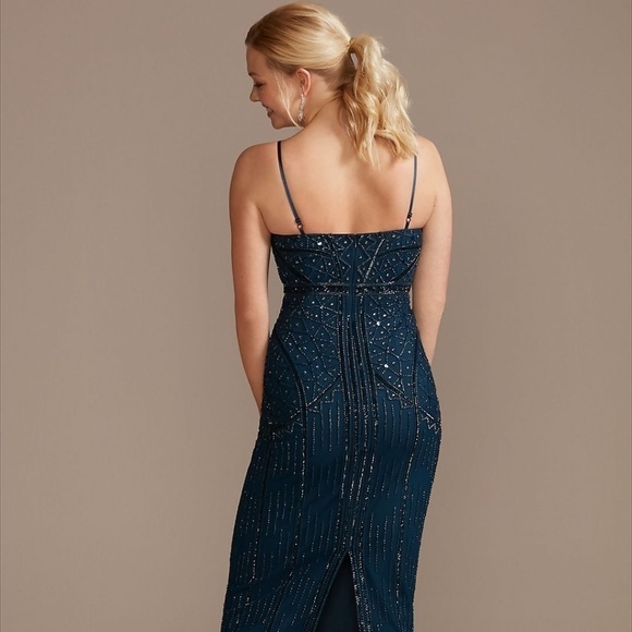 GALINA SIGNATURE Navy Beaded V-Neck Spaghetti Strap Mesh Sheath Dress Size 2. - Picture 4 of 5